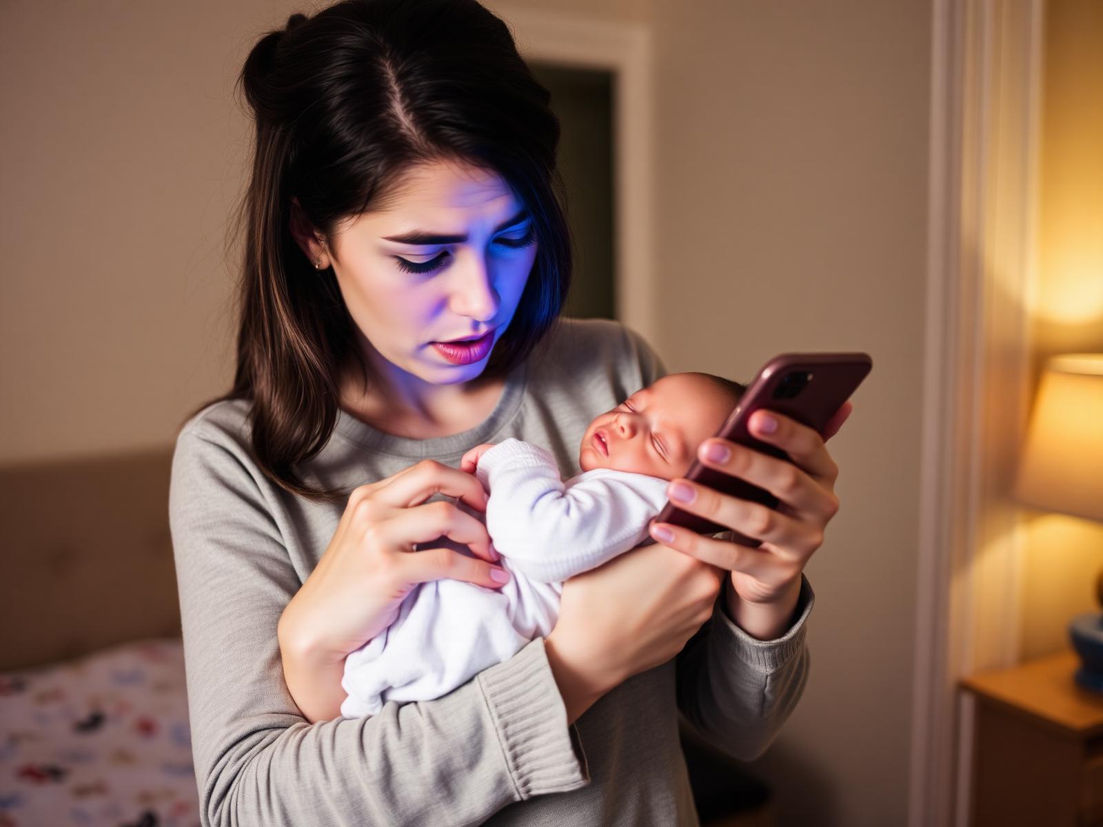 Mother holding baby while searching information on phone