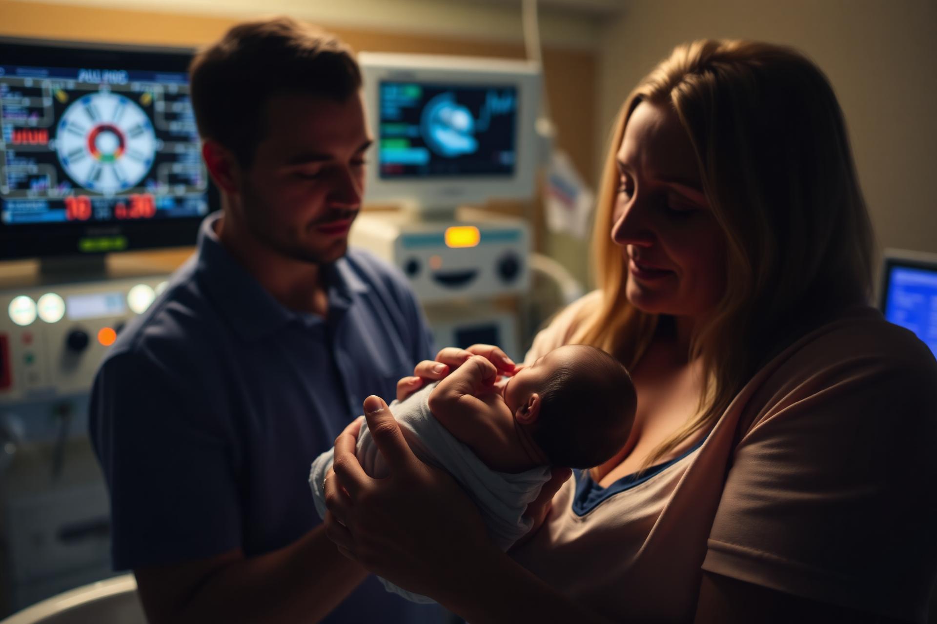 Parents holding their premature baby in the NICU