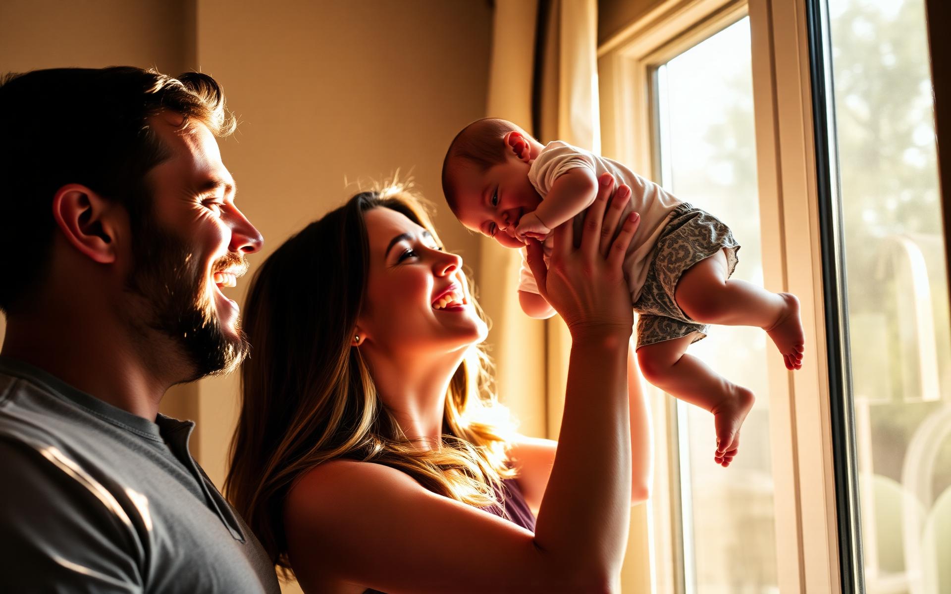 Happy parents holding a healthy thriving baby